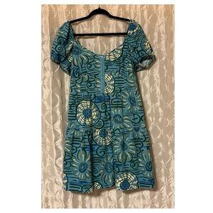House of Harlow Linen Blend Puff Sleeves Blue Print Floral Mini Dress